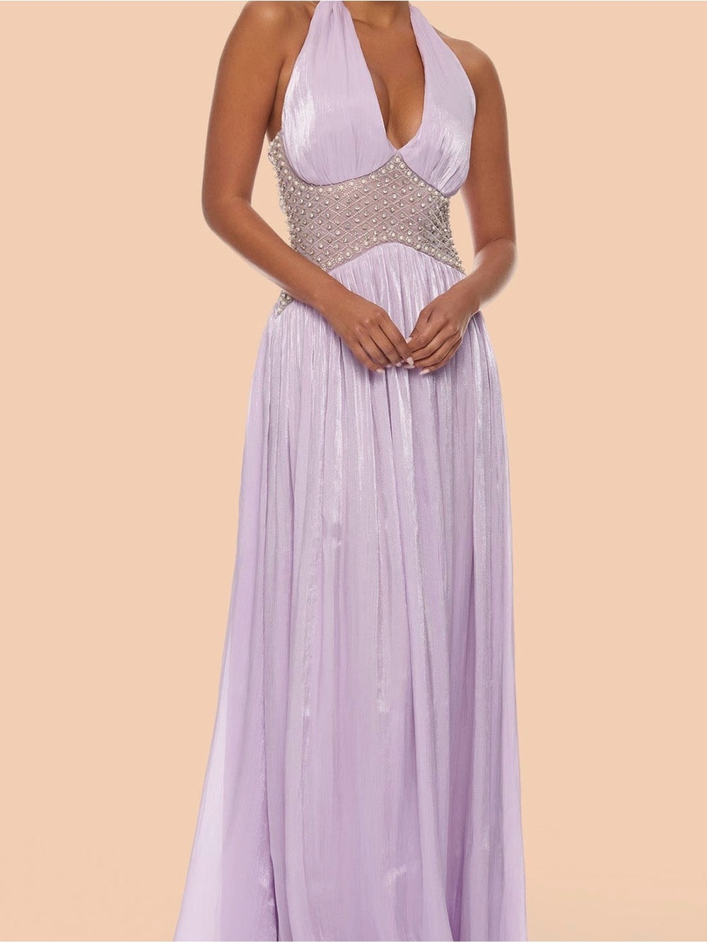 Fashion Nova Lavender Halter Prom Gown with Embellished Waist